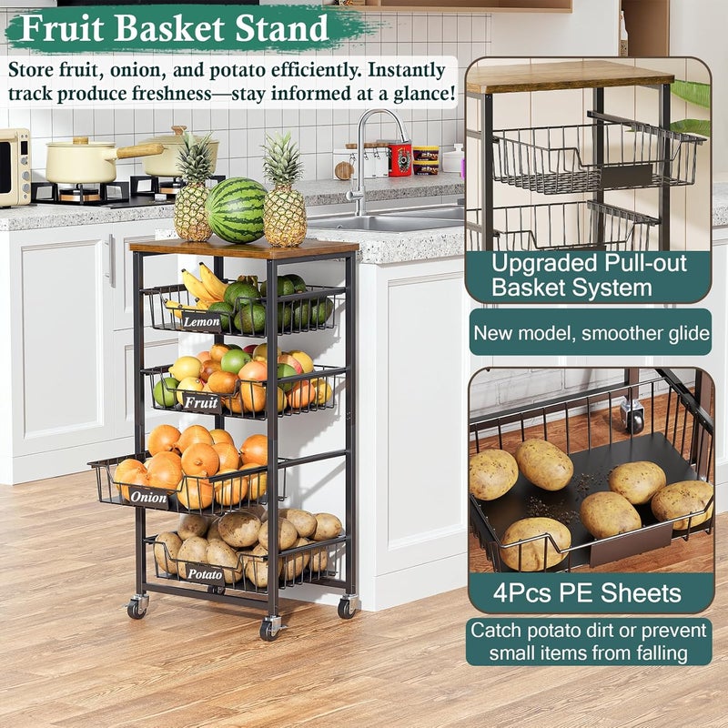 OKZEST Fruit Basket, 5-Tier Utility Kitchen Organizer and Storage Cart with Pull-Out Baskets and Wood Top, Rolling Pantry Kitchen Cart on Wheels for Fruit Potato Onion Vegetable Snack Produce - Image 4